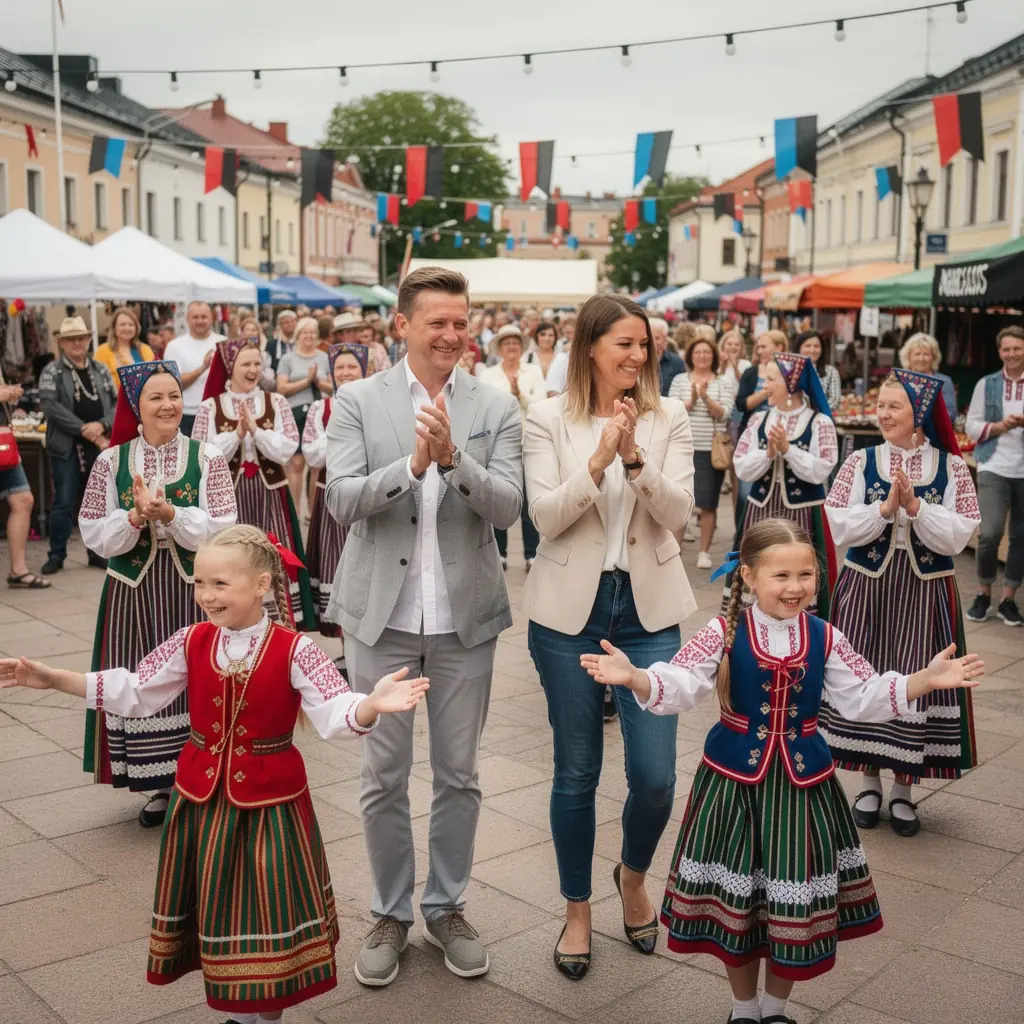 Õnnelik pere koos, uurides ajaloolist Tallinna vanalinna, jalutuskäikudega, mis on ligipääsetavad.